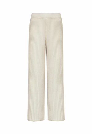 Beige, weit geschnittene Rippstrickhose mit elastischem Bund, in voller Länge und mit weicher Textur.