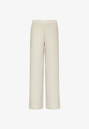 Beige, weit geschnittene Rippstrickhose mit elastischem Bund, in voller Länge und mit weicher Textur.