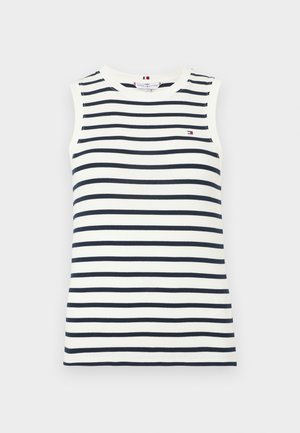 Top fără mâneci cu dungi albe și bleumarin, cu decolteu rotund și un mic logo pe piept. Material din bumbac cu textură fină.