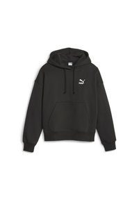 Mustad kapuutsviidud sweatshirt pehmest kangast, esiküljel tasku ja valge Puma logo rinnal. Lõdvan lõiguga ning ribatud varrukate otsad.