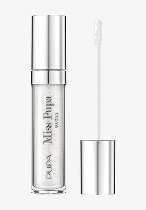 Gloss à lèvres transparent dans un tube transparent avec un bouchon argenté. Baguette applicatrice incluse. Fini scintillant et nacré avec la marque "Miss Pupa".