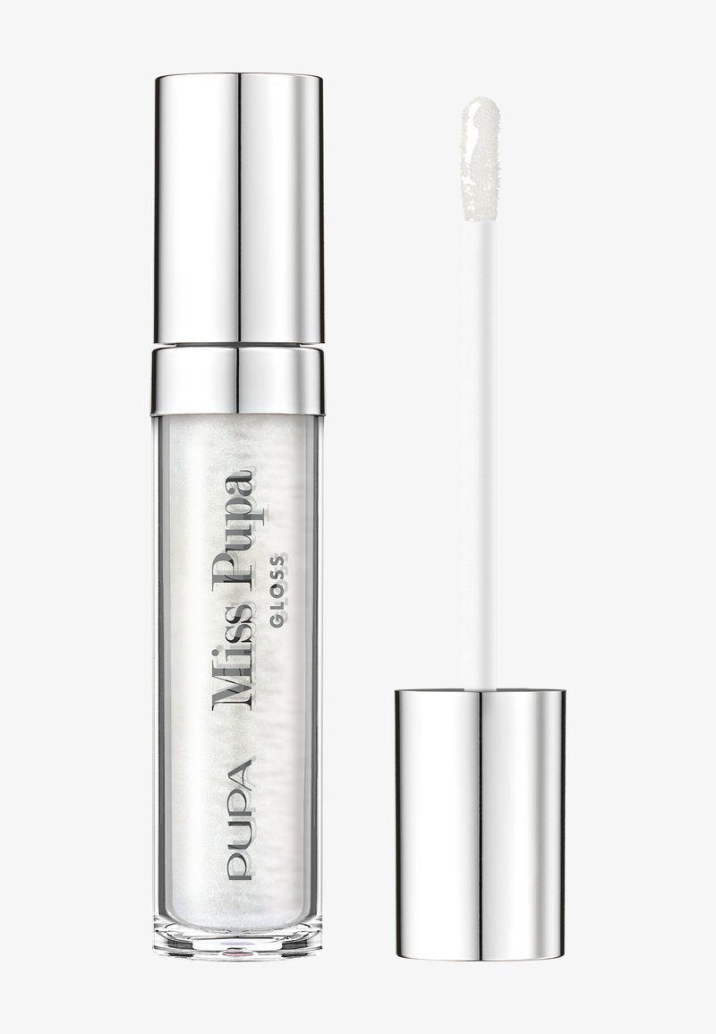 Przezroczysty błyszczyk do ust w przezroczystej tubce z srebrną zakrętką. W zestawie aplikator. Błyszczące, perłowe wykończenie z logo "Miss Pupa".