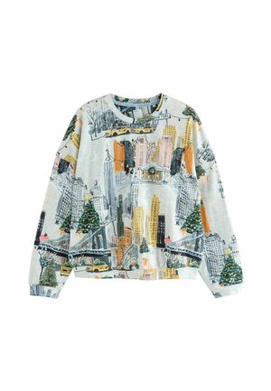 Svetlosivý sveter s živým potlačou mesta, na ktorej sú budovy, stromy a taxíky v zelených, oranžových a čiernych odtieňoch. Dizajn s okrúhlym výstrihom.