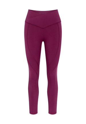 Leggings en burdeos profundo, con una cinturilla alta y un diseño cruzado, textura suave y costuras curvas que acentúan las piernas.