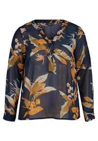 Blouse marine à manches longues en tissu transparent avec un imprimé floral comprenant des fleurs orange et roses, des feuilles vertes, et un décolleté en V.