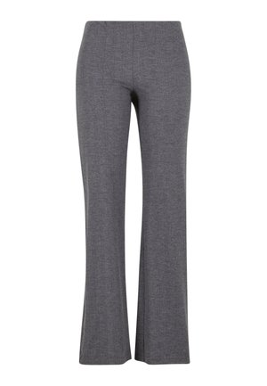 Pantaloni grigi a zampa d'elefante realizzati in un tessuto a coste. Presentano una cintura larga e una superficie liscia, adatti per varie occasioni.