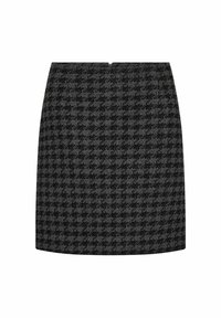 Hame säännöllisellä musta-harmaalla houndstooth-kuviolla, jossa on suora leikkaus. Hameessa on piilotettu takakuvunzippers ja teksturoitu kangas, joka lisää syvyyttä.