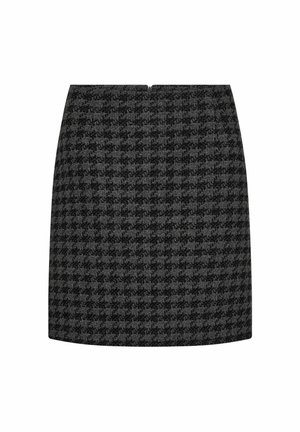 Mustmust ja halli houndstooth mustriga seelik sirge lõikega, millel on varjatud tagaosa tõmblukk ja tekstureeritud kangas, mis lisab sügavust.