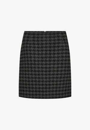 Mustmust ja halli houndstooth mustriga seelik sirge lõikega, millel on varjatud tagaosa tõmblukk ja tekstureeritud kangas, mis lisab sügavust.