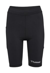 Sorte atletikshorts lavet af stretchstof, med en tætsiddende pasform, flade sømme og en lille hvid logo på den nederste venstre side.