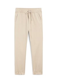 Beige joggerbroeken van zacht stof, met een elastische tailleband met trekkoord, zijzakken met witte piping, en omgeslagen broekspijpen.