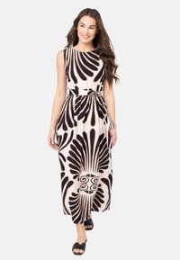 Maxikleid mit ärmellosem Design und rundem Ausschnitt, aus leichtem Stoff mit einem auffälligen schwarzen und cremfarbenen Blattmuster.