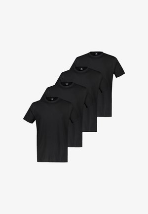 Vier schlichte schwarze T-Shirts mit kurzen Ärmeln und Rundhalsausschnitt, nebeneinander in versetzter Anordnung auf weißem Hintergrund.