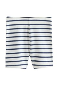 Fehér és tengerészkék csíkos úszónadrágok, rugalmas derékpánttal, puha anyagból, egyenletes szélességű vízszintes csíkokkal.