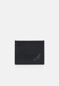 Black leather cardholder with multiple slots, smooth texture, angled corner design, and embossed logo in white. Compact and slim profile.