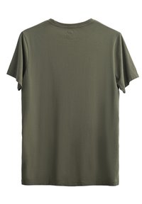 T-shirt verde oliva a maniche corte realizzata in tessuto morbido, con scollatura a girocollo e vestibilità dritta. La vista posteriore mostra un design semplice e delle cuciture.
