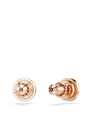 Trådlösa hörlurar med en elegant, roséguld finish. Har rundad form, intrikata detaljer och en glänsande yta.