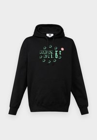 Black hoodie with a front pocket, featuring green star and text graphics. Includes a small red logo patch on the upper left.