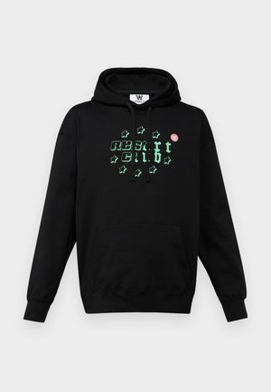 Black hoodie with a front pocket, featuring green star and text graphics. Includes a small red logo patch on the upper left.