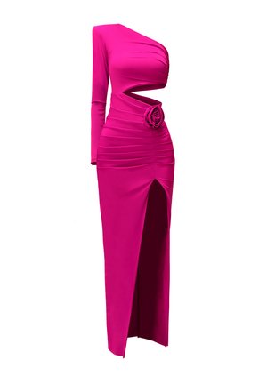 Fuksijasta večernja haljina s jednim dugim rukavom, dizajnom s izrezom, nabranom teksturom i cvjetnim detaljem u struku, s razderotinom do buta.