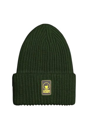 Berretto verde scuro a coste con risvolto, caratterizzato da una patch con logo Ciesse Piumini gialla e nera sul davanti.