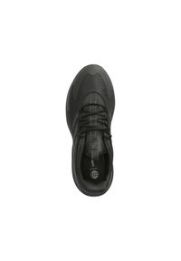 Black athletic shoe with a textured upper, lace closure, rounded toe, and a cushioned sole. Minimalist design emphasizes functionality.