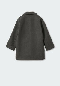 Šedý vlněný kabát s límcem, širokými rukávy a rovnou siluetou. Hladká textura bez viditelných vzorů nebo kovových doplňků.