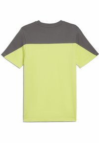 T-Shirt mit kurzen Ärmeln, oberer Bereich grau und unterer Bereich leuchtend gelb, aus glattem Baumwollstoff. Einfacher Rundhalsausschnitt.