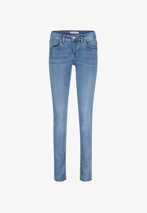 Skinny jeans in lichtblauwe denim. Bevat voorzakken, een tailleband met riemlussen en gestikte details. Gladde textuur, taps toelopende pasvorm.