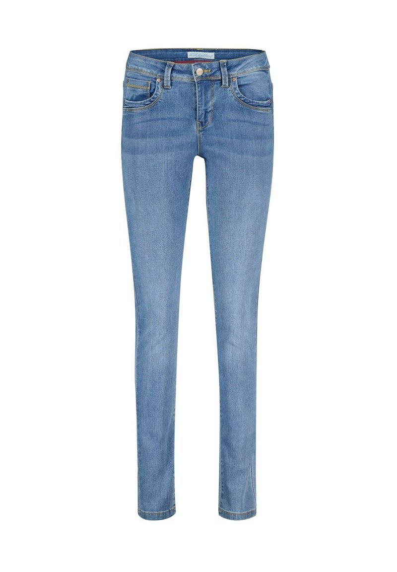 Skinny jeans in lichtblauwe denim. Bevat voorzakken, een tailleband met riemlussen en gestikte details. Gladde textuur, taps toelopende pasvorm.