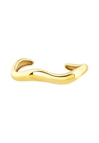 Pulsera de metal dorado con un diseño suave y ondulado. Presenta extremos abiertos y un acabado pulido que refleja la luz.