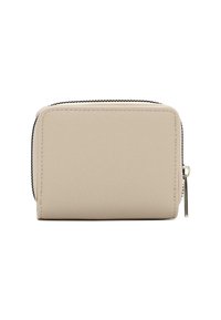 Beige zippered wallet made from textured leather. Features black zipper and silver hardware, rectangular shape, compact design.