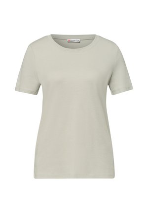 Enkel lys beige T-shirt med korte ærmer og rund halsudskæring med et Street One-mærke inde i kraven.