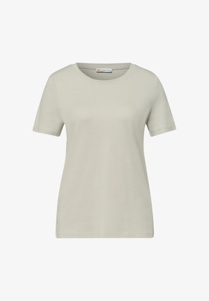 Gładka, jasnobeżowa koszulka z krótkim rękawem i okrągłym dekoltem, z metką Street One wewnątrz kołnierza.