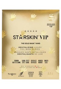 Gold cardboard packaging featuring raised, metallic handprints. Black text details product name and uses. Includes symbols for added information.