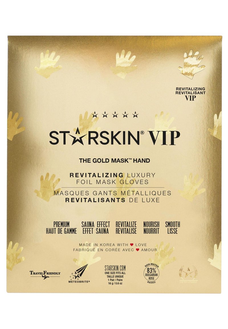 Gold cardboard packaging featuring raised, metallic handprints. Black text details product name and uses. Includes symbols for added information.