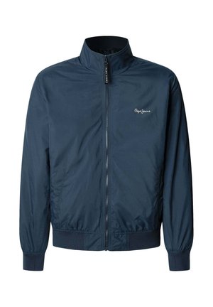 Marineblauwe windbreaker jas gemaakt van lichtgewicht materiaal met een staande kraag, ritssluiting aan de voorkant en elastische manchetten en zoom. Voorzien van een logo op de borst.