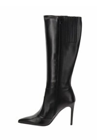 Schwarze, knieb hohe Lederstiefel mit spitzem Zehen, Stiletto-Absatz, verdecktem Reißverschluss und vertikal geripptem Akzent auf der oberen Rückseite.