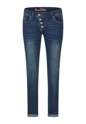 Ciemnoniebieskie jeansy slim fit z podwiniętymi mankietami, zapięciem na cztery guziki, kieszeniami z przodu i z tyłu oraz subtelnymi, wyblakłymi detalami.