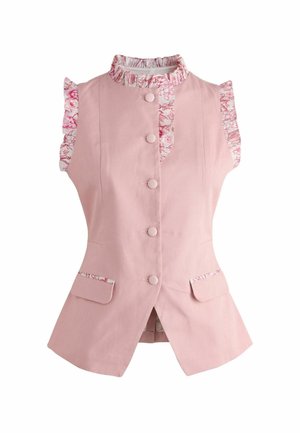 Ärmellose hellrosa Weste mit gerafftem Blumenbesatz am Kragen und an den Armausschnitten, vordere Knopfleiste und zwei vordere Pattentaschen.