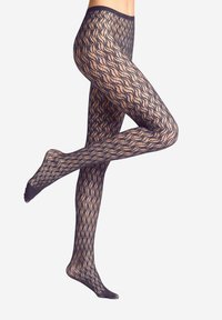 Bas collants noirs à motif, avec un design ondulé, une texture transparente et une bande solide à la taille. Le matériau semble extensible et doux.
