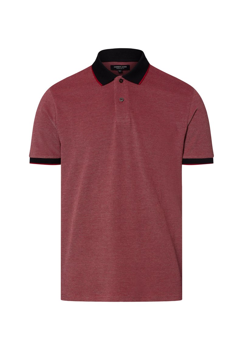Rotes kurzärmeliges Polohemd aus strukturiertem Baumwollmaterial mit einem schwarzen Kragen und roten Akzenten sowie zwei kleinen Knöpfen auf der Vorderseite.