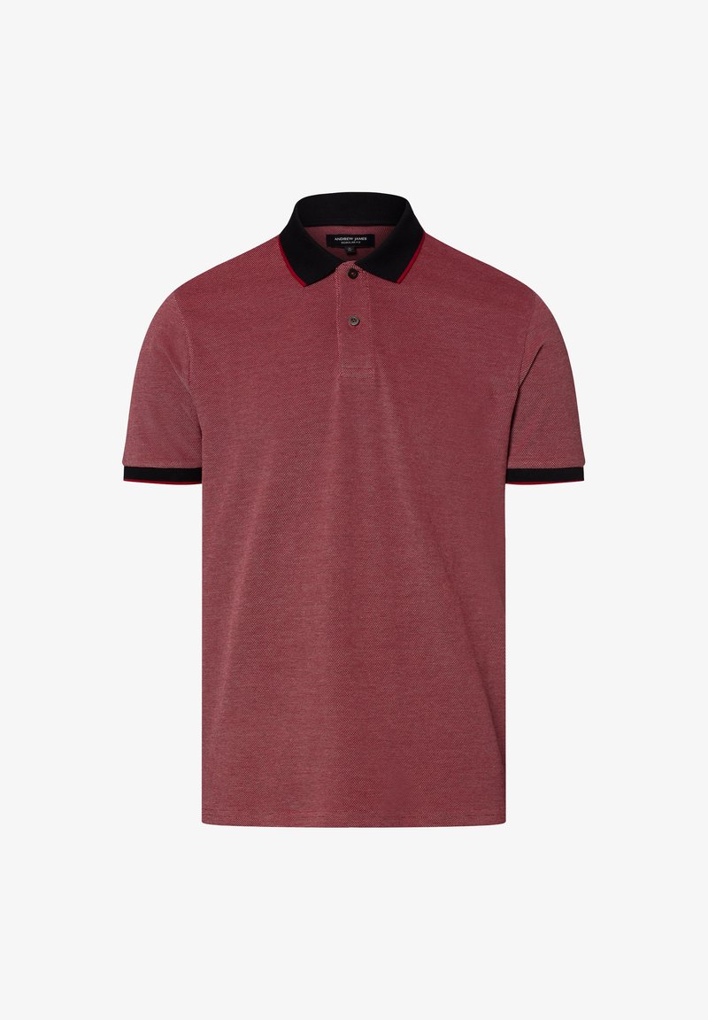 Rotes kurzärmeliges Polohemd aus strukturiertem Baumwollmaterial mit einem schwarzen Kragen und roten Akzenten sowie zwei kleinen Knöpfen auf der Vorderseite.