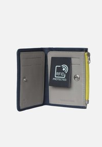 RFID-protected wallet featuring a navy blue leather exterior, gray interior, multiple card slots, and a yellow zipper accent.