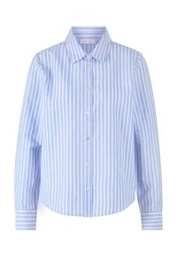Blauw-wit gestreepte button-up shirt, lange mouwen, gebogen zoom, met een puntige kraag en witte knopen. Licht, textuurstof.