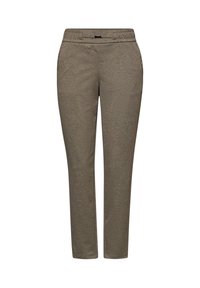 Khaki kalhoty vyrobené z texturované tkaniny, s elastickým pasem, tapered střih nohavic a bez viditelných kapes nebo kovových detailů.