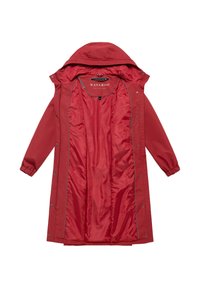 Długi czerwony płaszcz przeciwdeszczowy z kapturem, elastycznymi mankietami, zatrzaskami i gładką podszewką wewnętrzną, pokazany całkowicie rozpięty, aby odsłonić wnętrze.