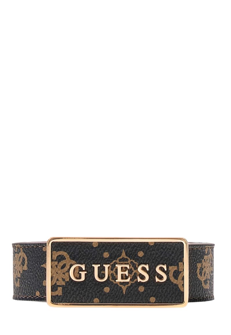 Ceinture en cuir noir avec motif en monogramme, dotée d'une boucle rectangulaire en ton or avec le texte embossé "GUESS". Surface texturée.