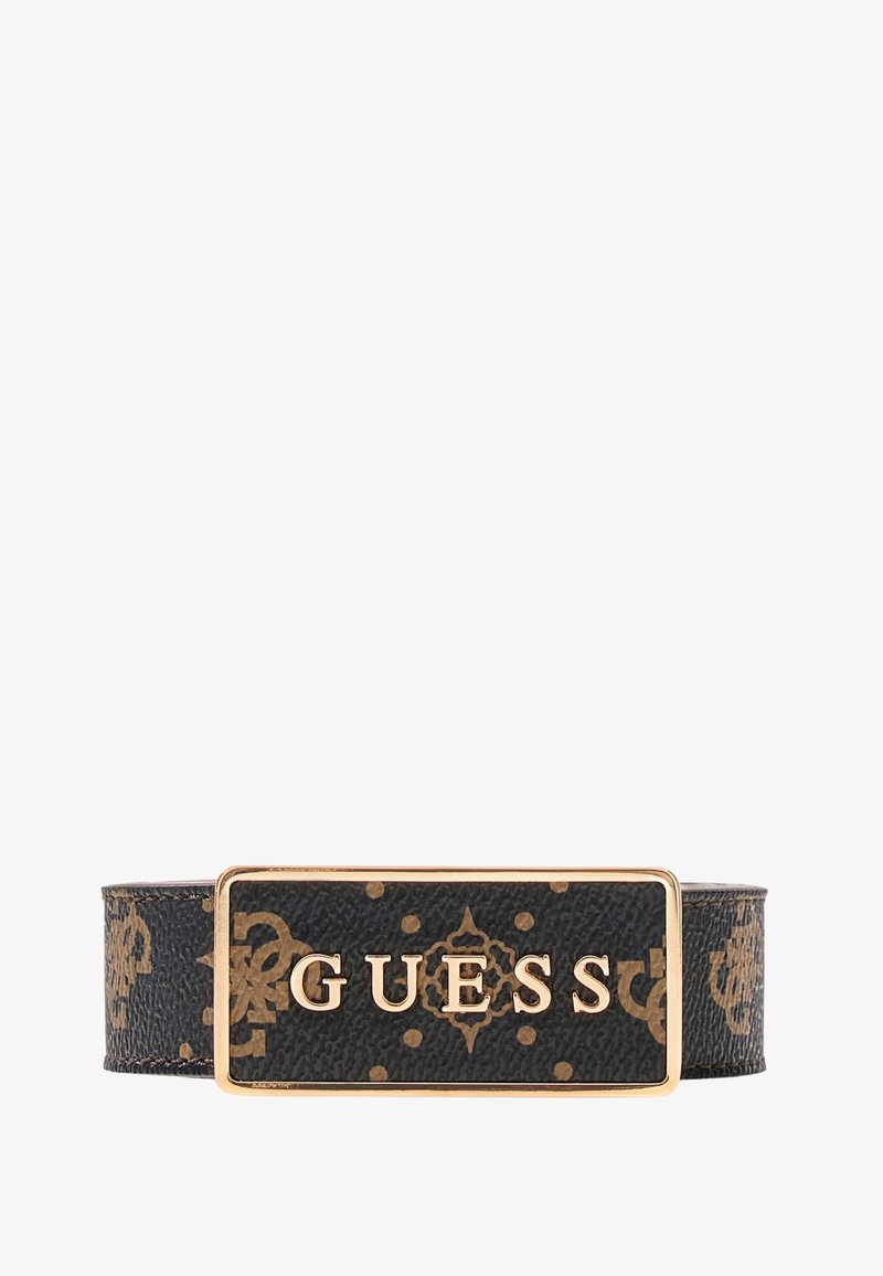 Ceinture en cuir noir avec motif en monogramme, dotée d'une boucle rectangulaire en ton or avec le texte embossé "GUESS". Surface texturée.