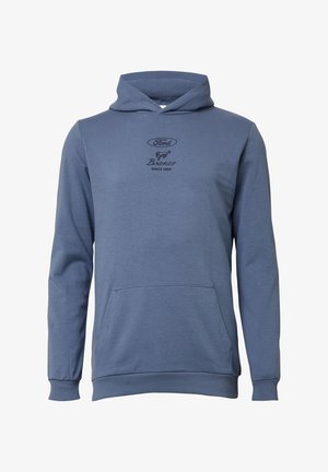 Sweat à capuche bleu en tissu doux, avec une poche avant, des poignets côtelés et un logo graphique avec le texte "Ford Bronco".